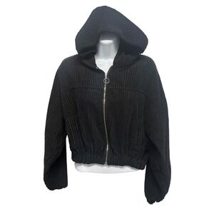 Hyfve Womens Black Corduroy Cropped Zip Up Hoodie Jacket HF22A659 Medium